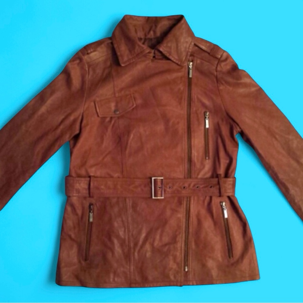 Cole haan lambskin tan leather belted jacket